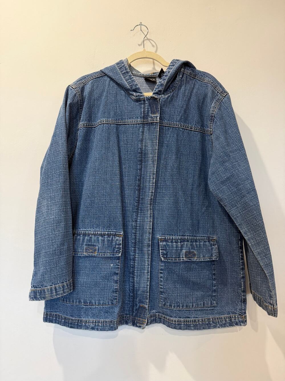 Vtg 90s ERIKA 100% cotton mid thigh denim hooded jacket  zip blue cottagecore